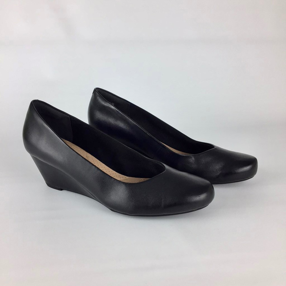 Clarks Flores Tulip Black Leather Wedge Heels 11